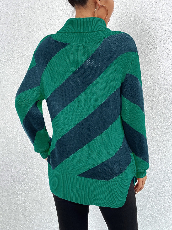 Striped Turtleneck Dropped Shoulder Sweater-Angel Casuals