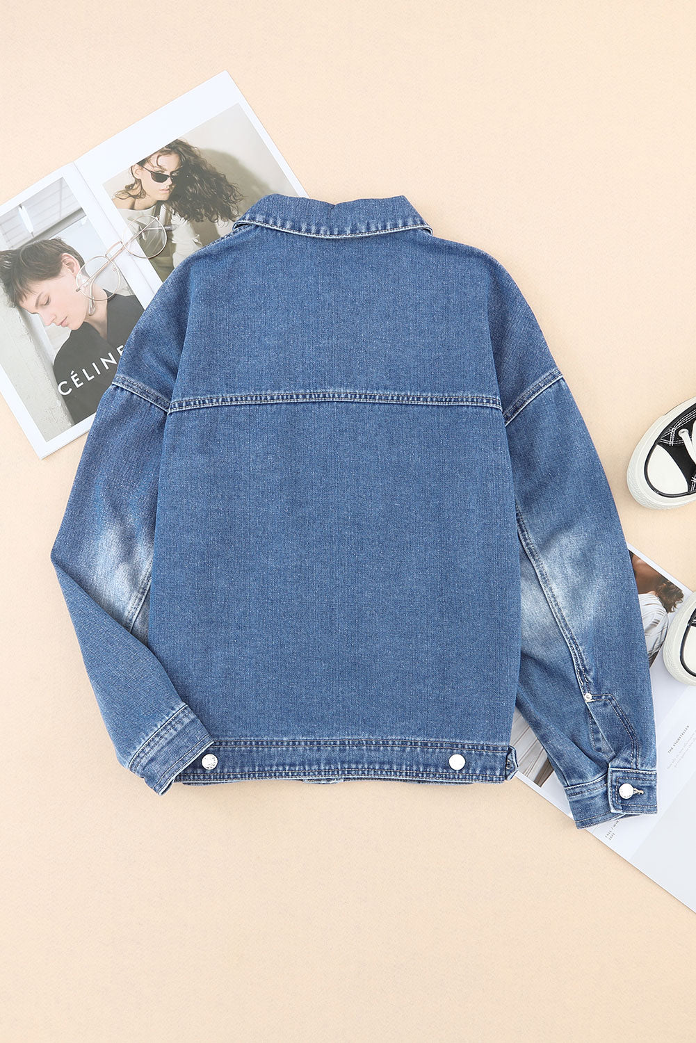 Collared Neck Button Up Denim Jacket-Angel Casuals