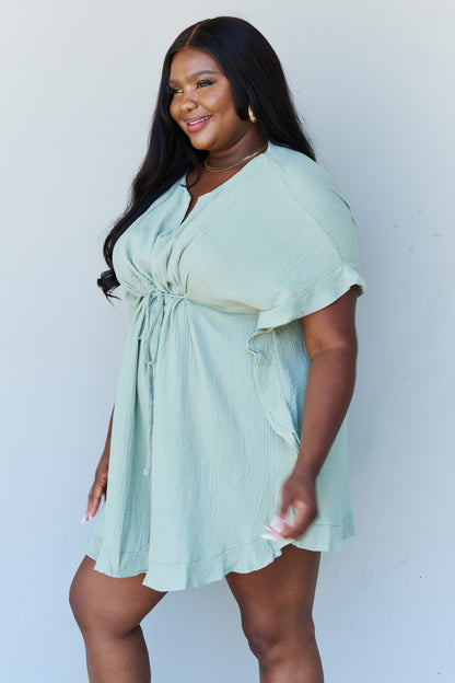 Ninexis Out Of Time Full Size Ruffle Hem Dress with Drawstring Waistband in Light Sage-Angel Casuals