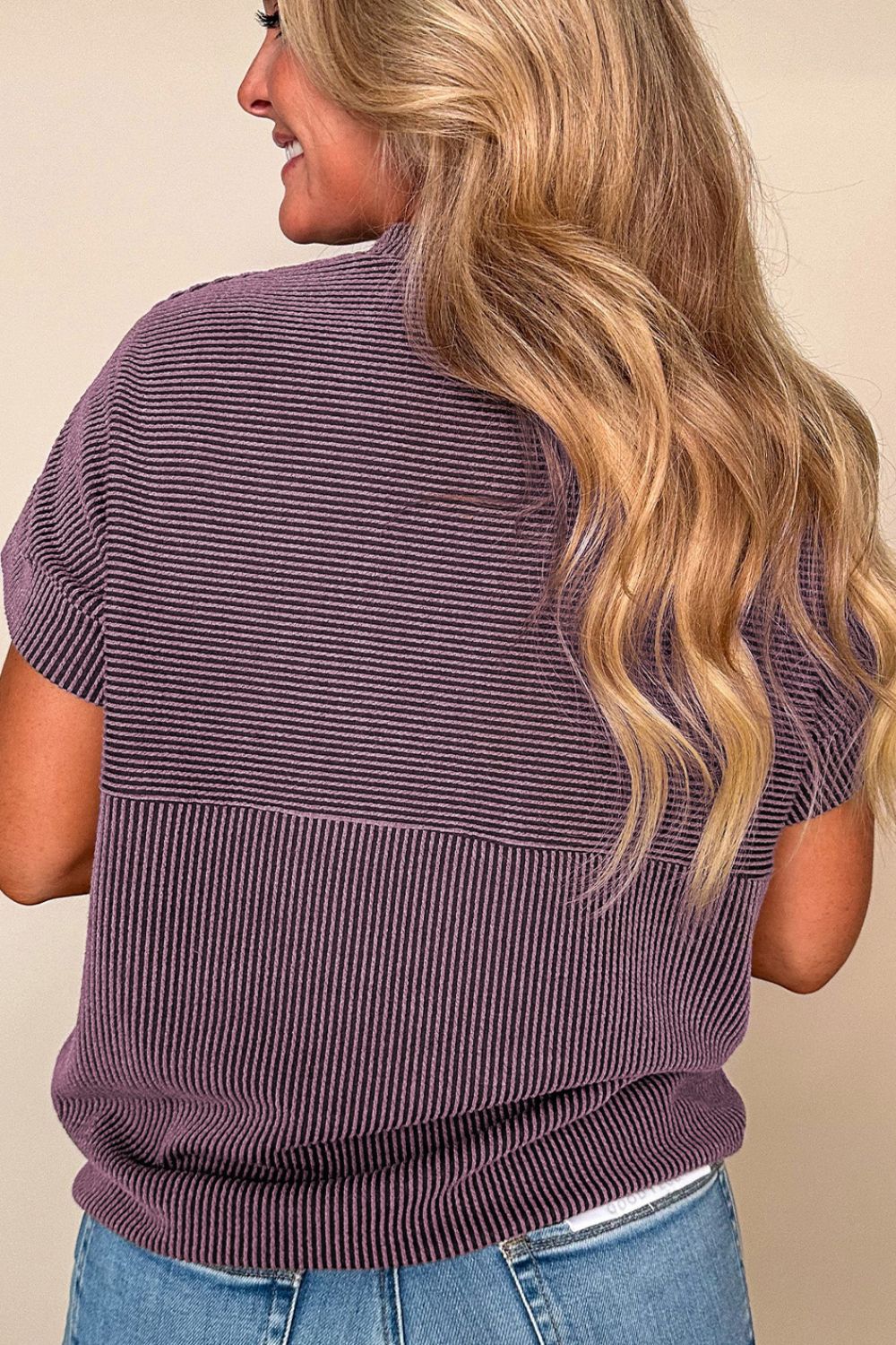 Corded Knit Mock Neck Short Sleeve T Shirt-Angel Casuals