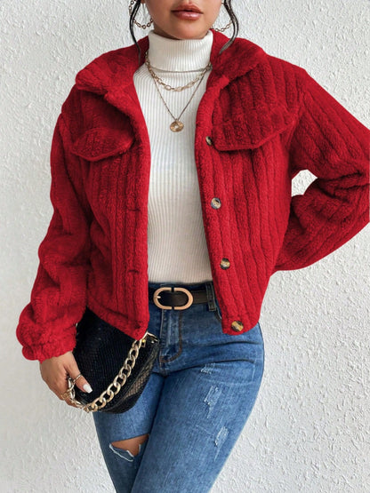 Fuzzy Button Up Collared Neck Jacket-Angel Casuals