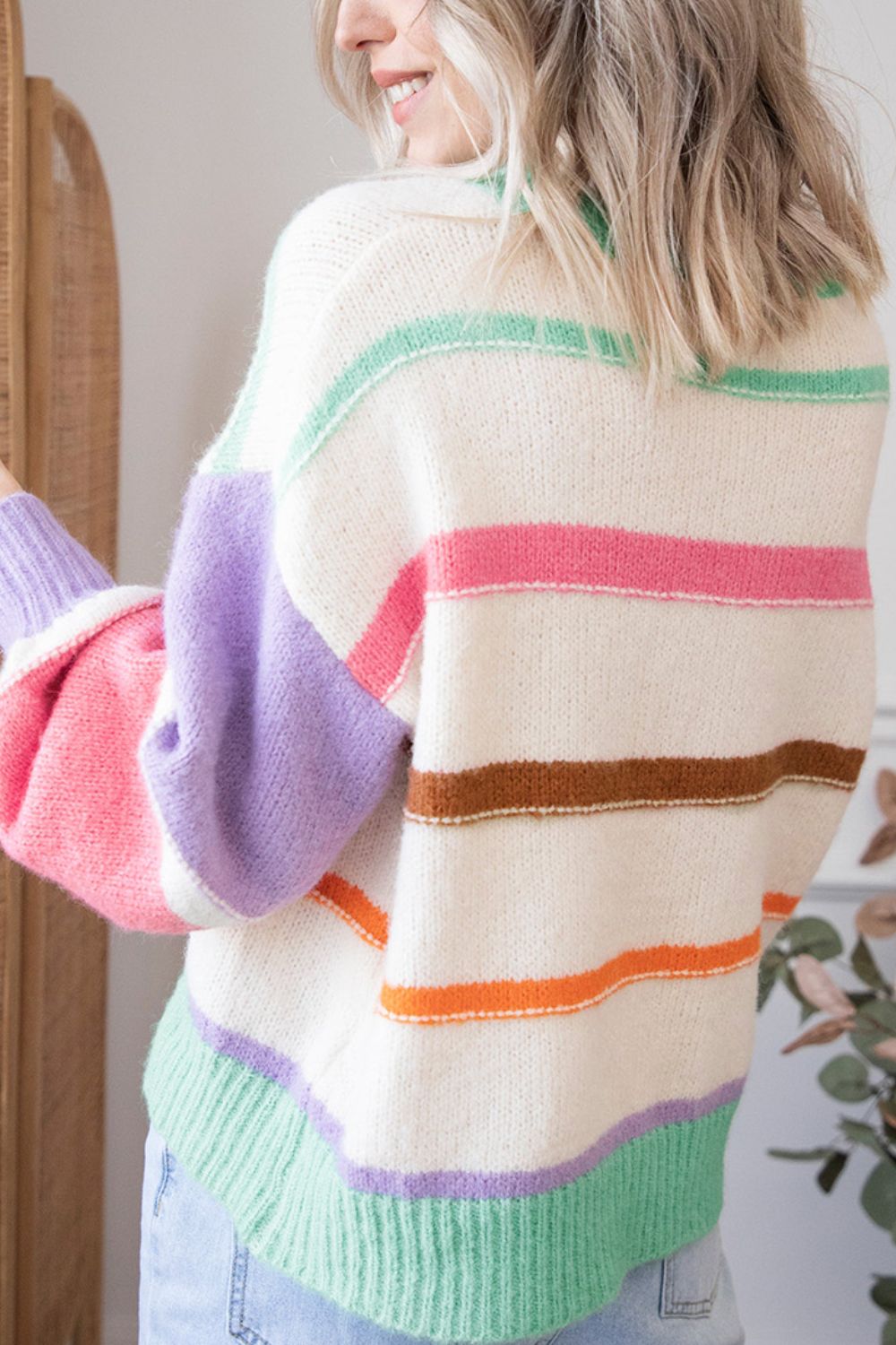 Contrast Striped Round Neck Drop Shoulder Sweater-Angel Casuals