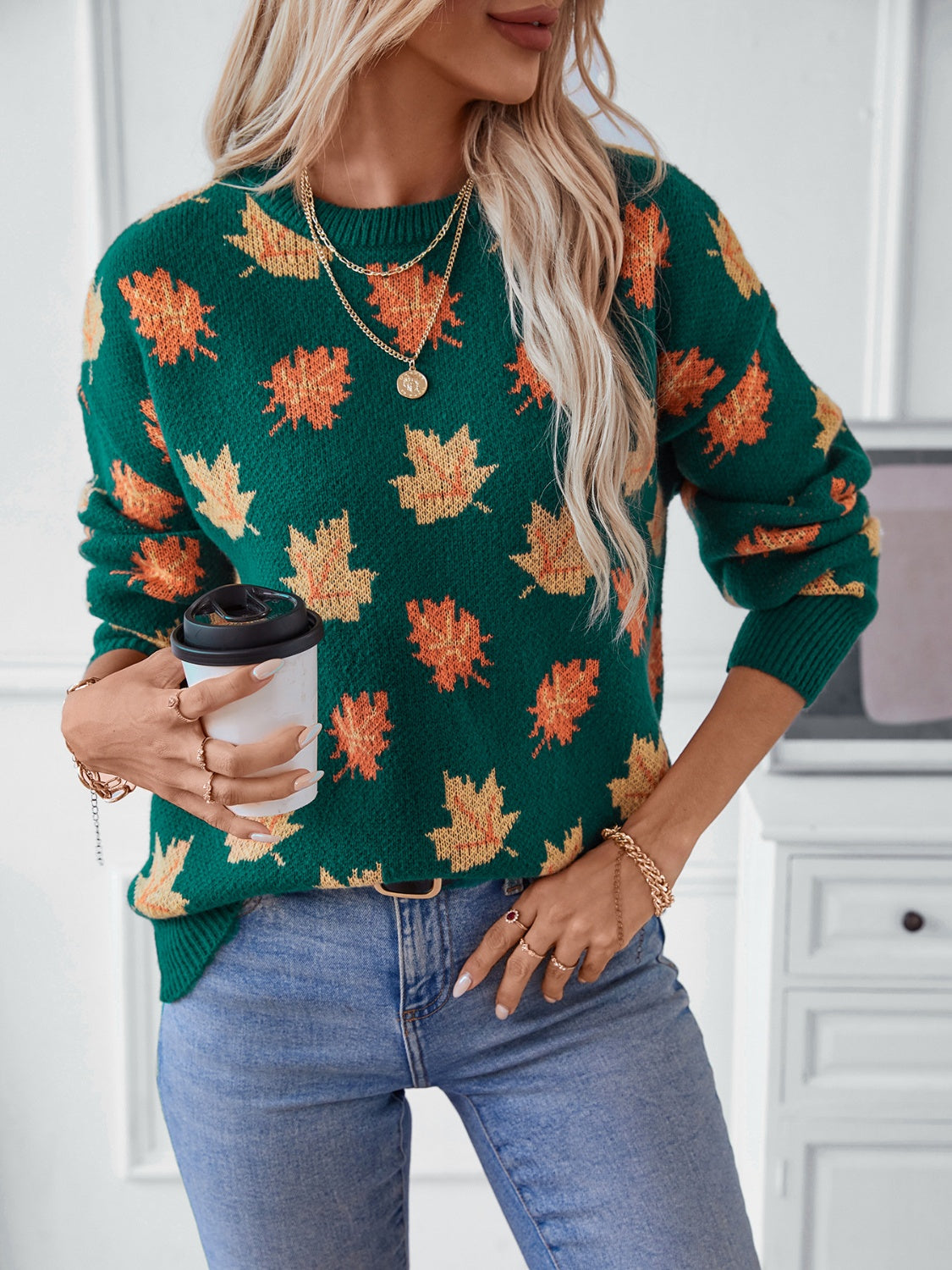 Maple Leaf Round Neck Long Sleeve Sweater-Angel Casuals