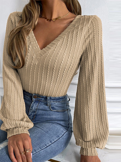 Cable-Knit V-Neck Long Sleeve Knit Top-Angel Casuals