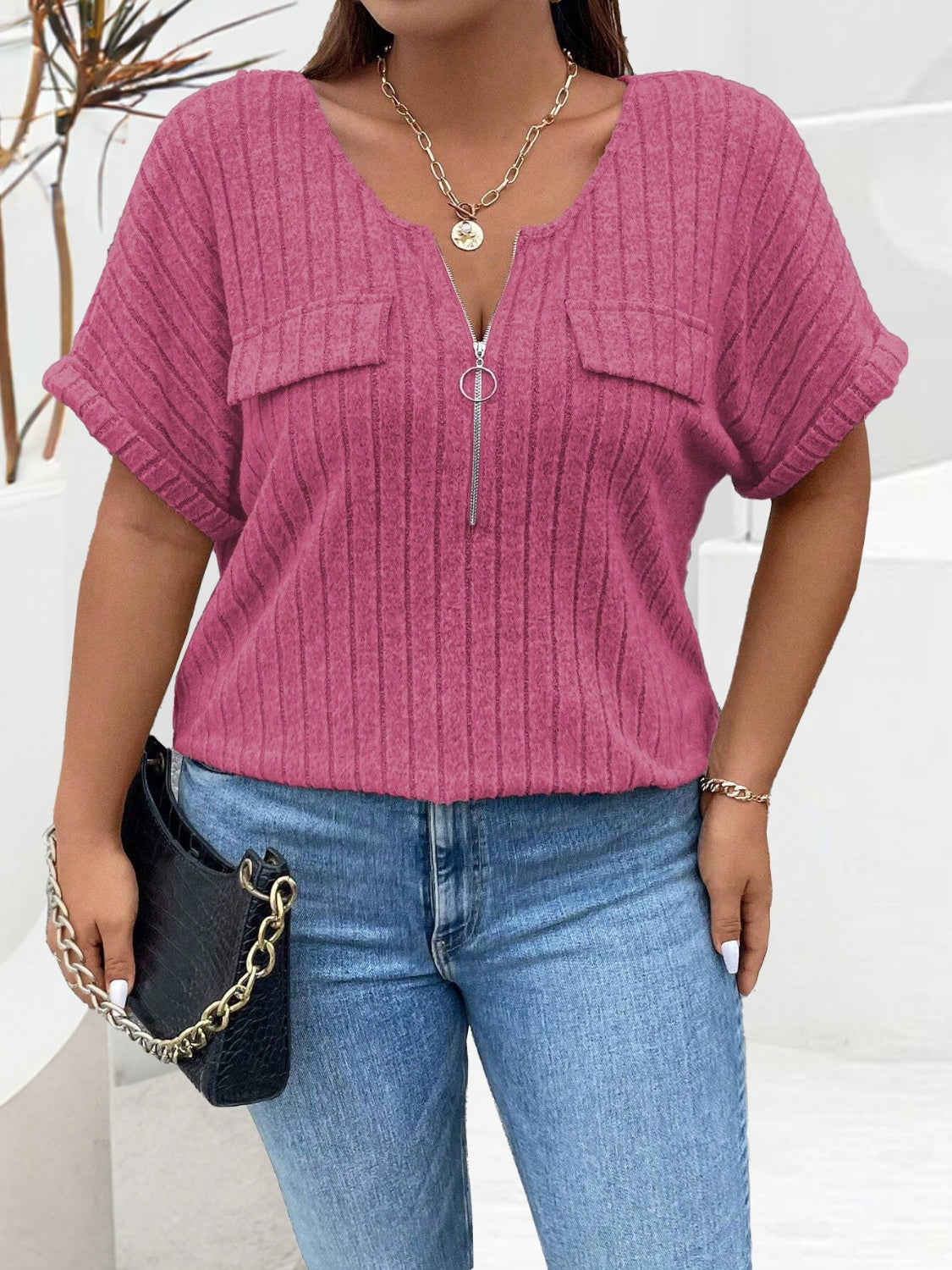 Plus Size Half Zip Short Sleeve T-Shirt-Angel Casuals