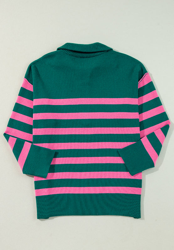 Contrast Striped Quarter Zip Long Sleeve Sweater-Angel Casuals