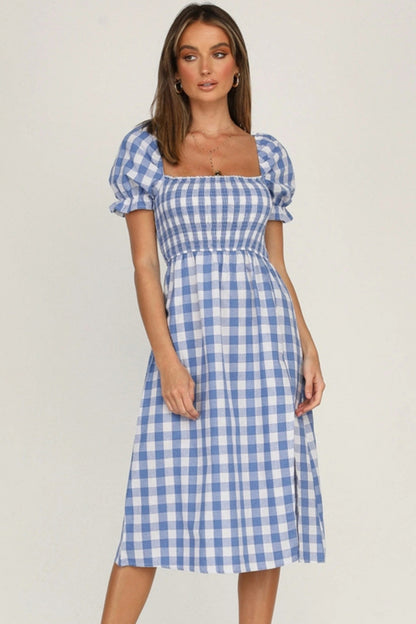 Full Size Slit Plaid Short Sleeve Midi Dress-Angel Casuals