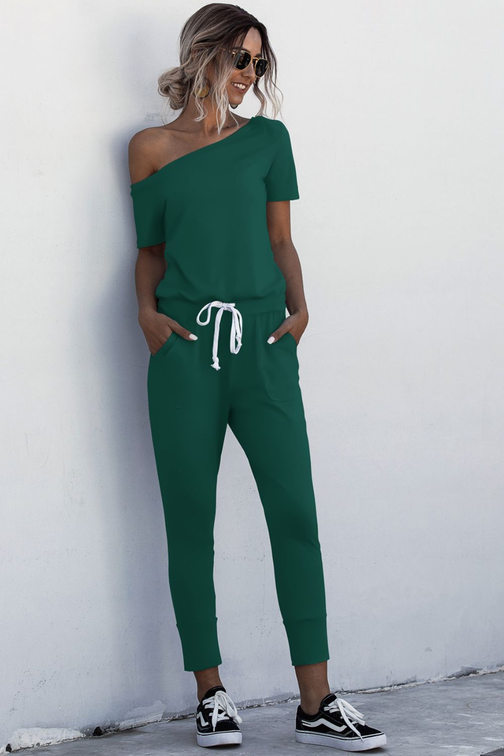 Asymmetrical Neck Tied Jumpsuit with Pockets-Angel Casuals