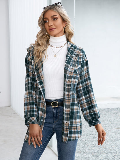 Ivy Lane Plaid Snap Down Hooded Jacket-Angel Casuals