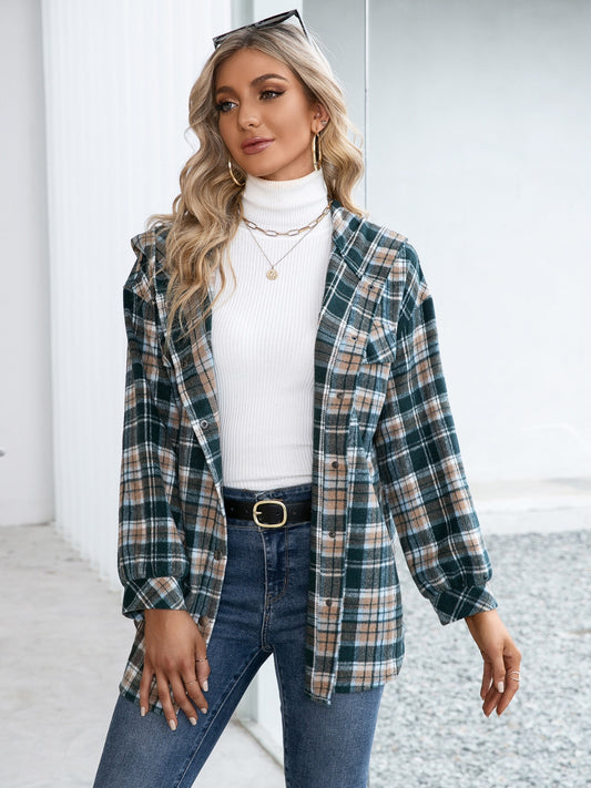 Ivy Lane Plaid Snap Down Hooded Jacket-Angel Casuals
