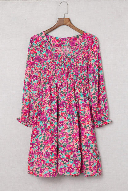 Floral Smocked V-Neck Flounce Sleeve Dress-Angel Casuals