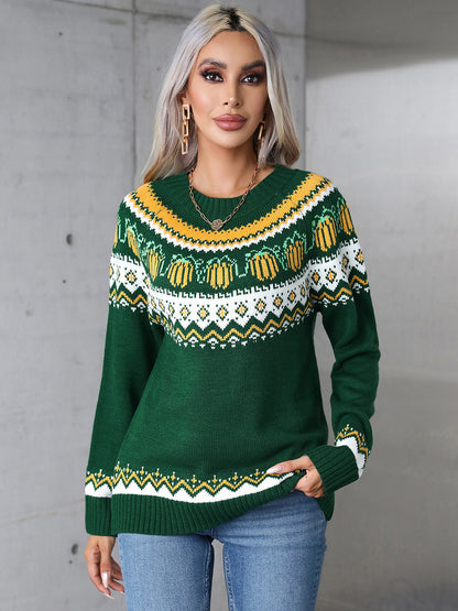 Angel Wings Geometric Round Neck Long Sleeve Sweater-Angel Casuals