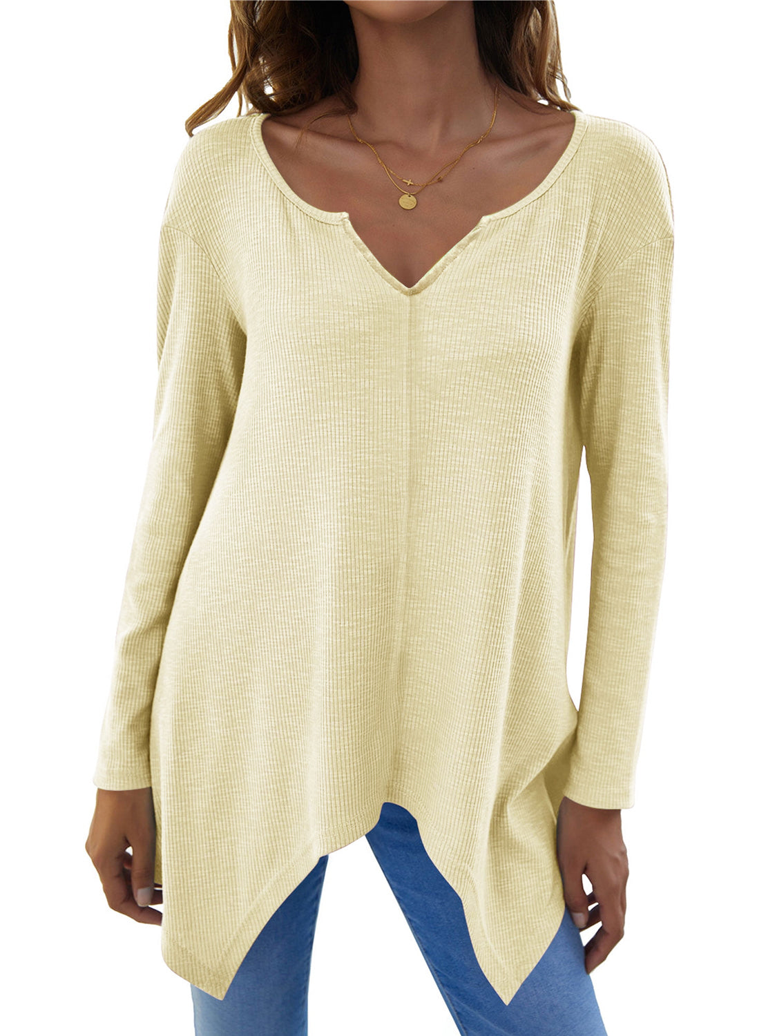 Full Size V-Neck Long Sleeve T-Shirt-Angel Casuals