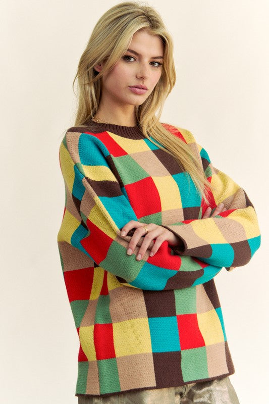 Davi & Dani Color Block Checkered Dropped Shoulder Sweater-Angel Casuals