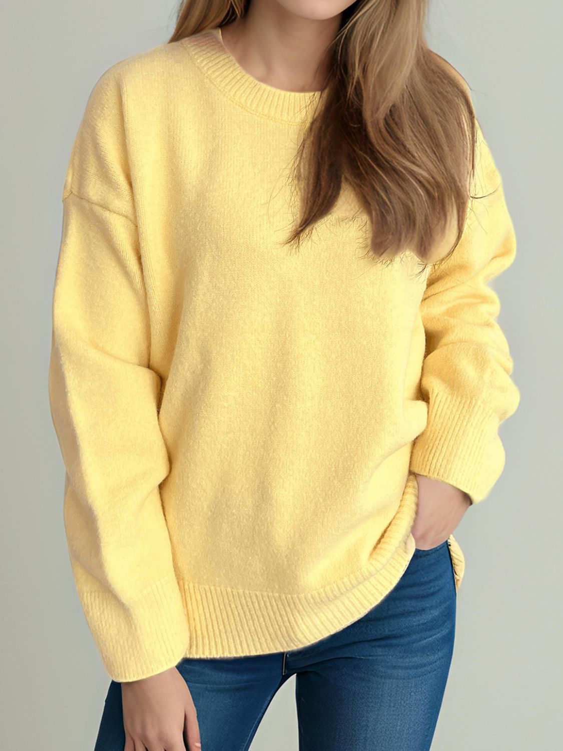 Round Neck Dropped Shoulder Long Sleeve Sweater-Angel Casuals