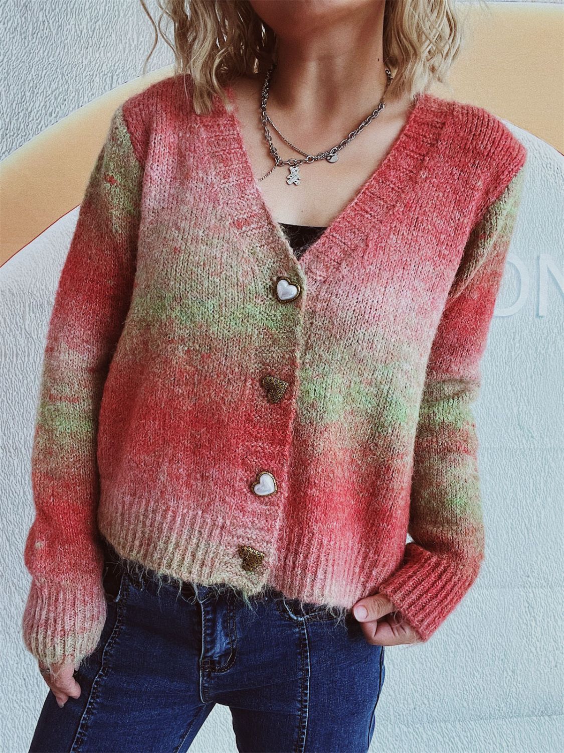 Gradient Heart Shape Button V-Neck Cardigan-Angel Casuals