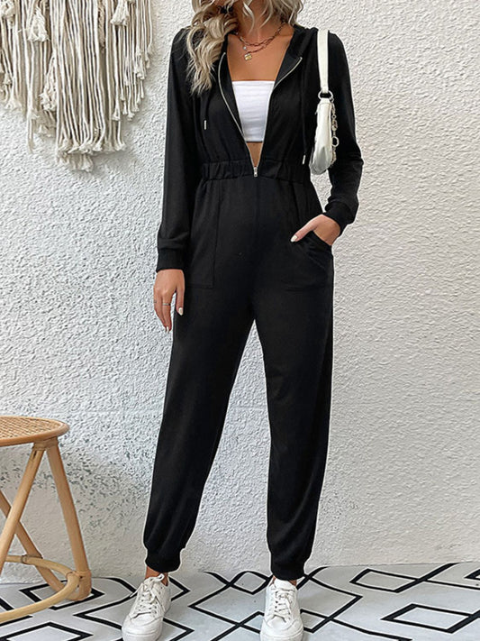 Zip Up Elastic Waist Hooded Jogger Jumpsuit-Angel Casuals