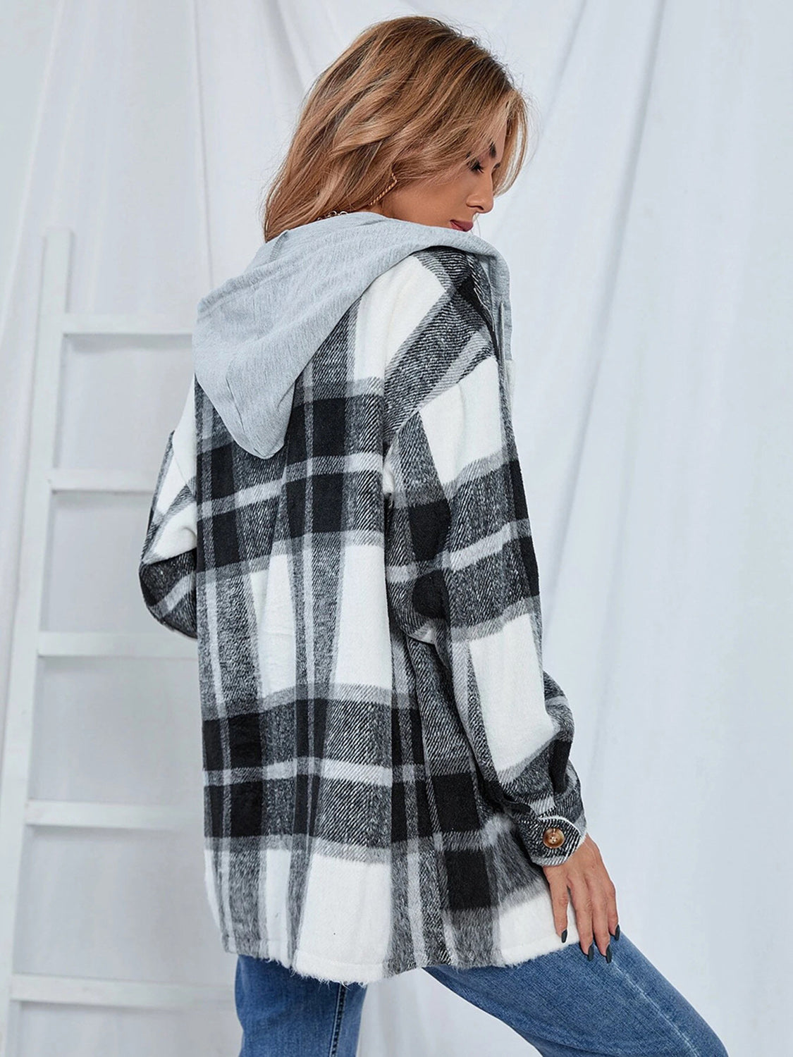 Plaid Hooded Jacket with Pockets-Angel Casuals