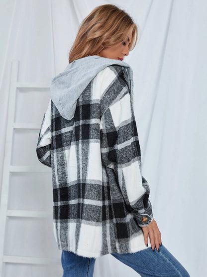 Plaid Hooded Jacket with Pockets-Angel Casuals