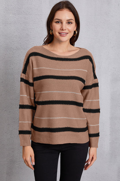 Striped Round Neck Dropped Shoulder Sweater-Angel Casuals