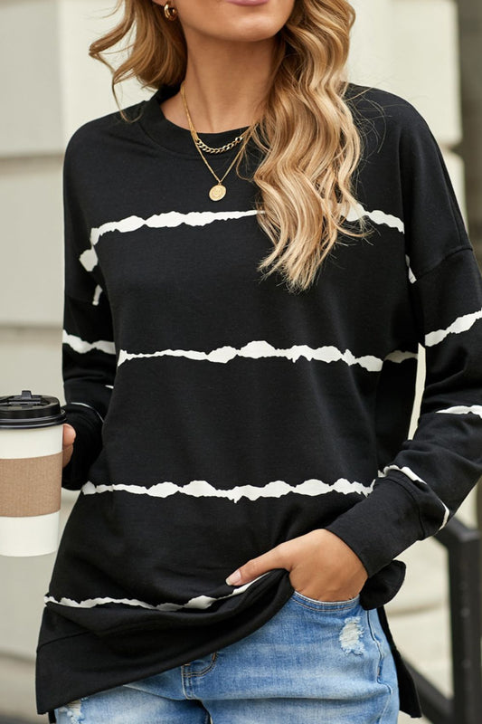 Slit Contrast Striped Round Neck Long Sleeve T-Shirt-Angel Casuals