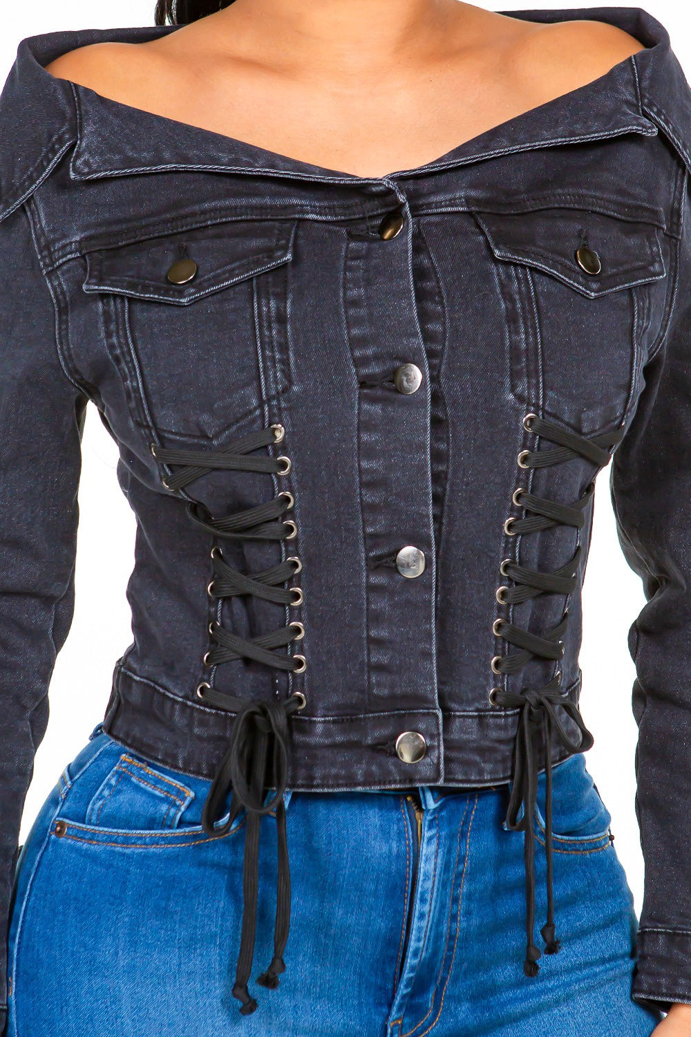 American Bazi Off Shoulder Lace Up Denim Jacket-Angel Casuals