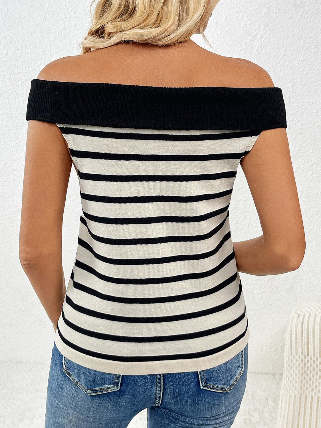 Decorative Button Striped Off-Shoulder Knit Top-Angel Casuals