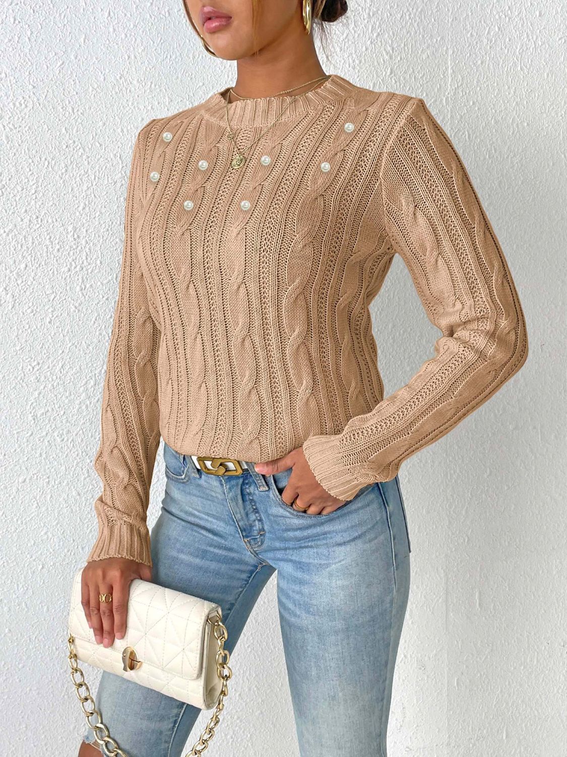 Cable-Knit Round Neck Long Sleeve Sweater-Angel Casuals