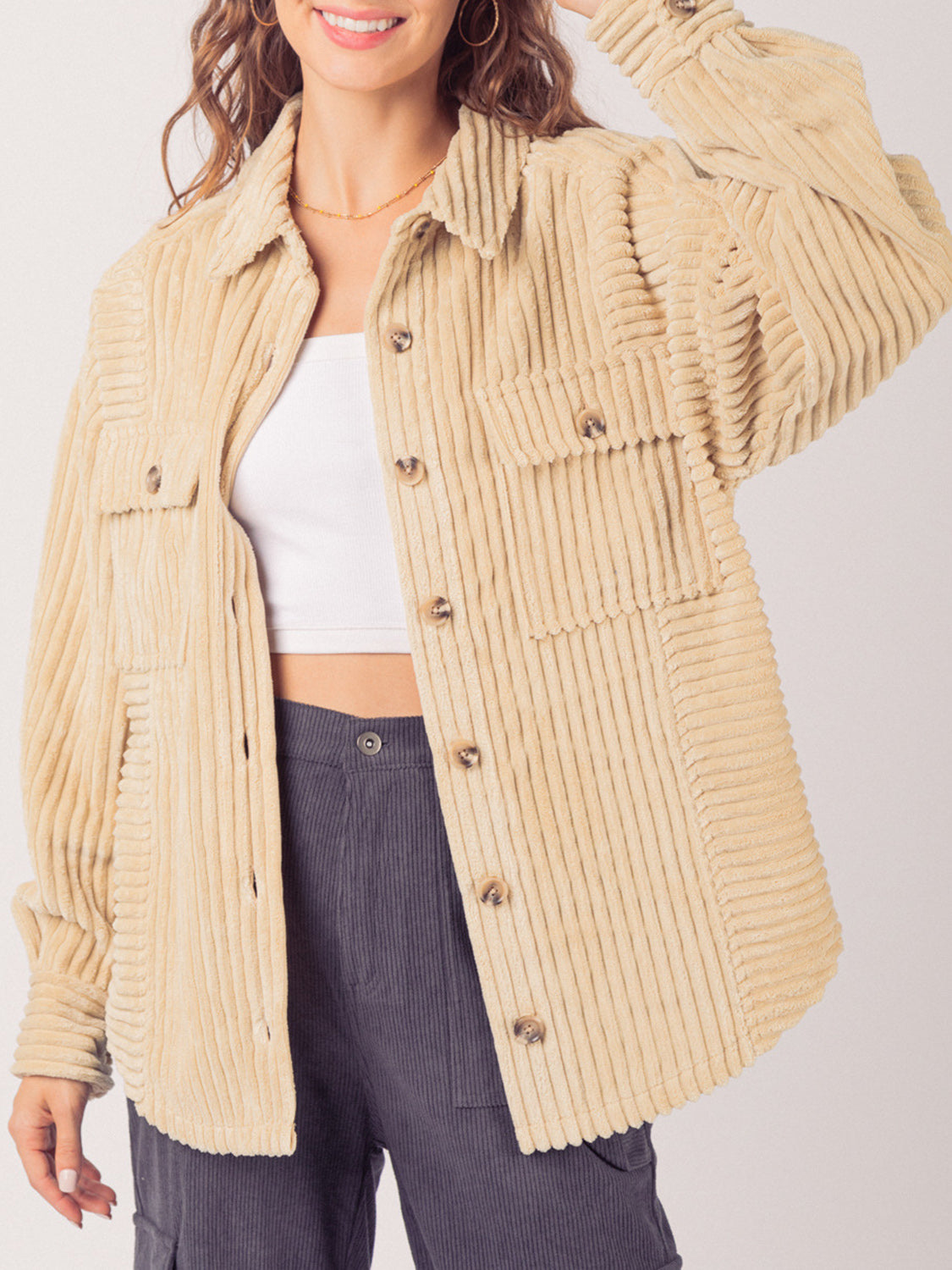 Button Up Long Sleeve Corduroy Jacket-Angel Casuals