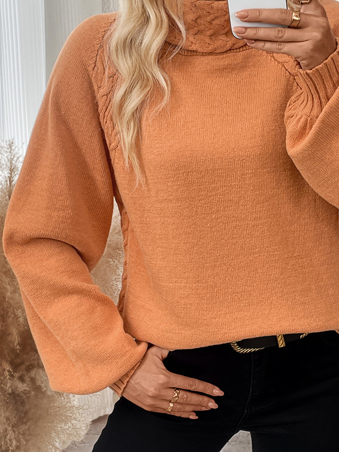 Cable-Knit Turtleneck Long Sleeve Sweater-Angel Casuals