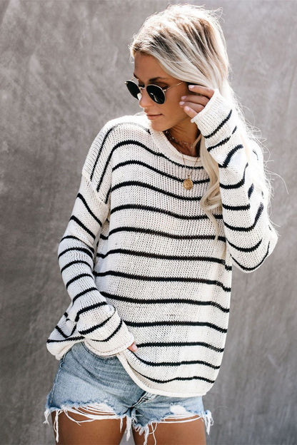 Striped Round Neck Drop Shoulder Sweater-Angel Casuals