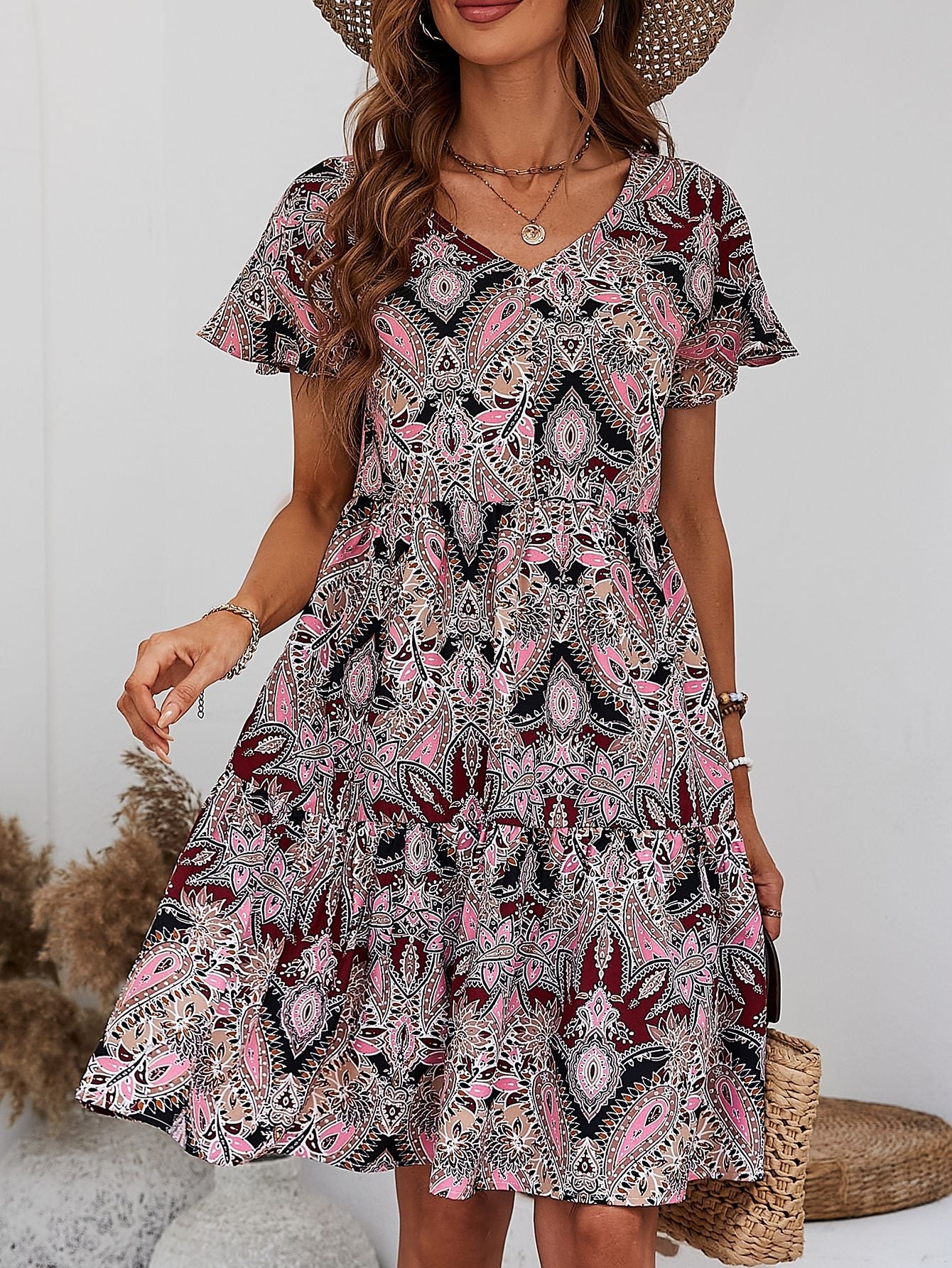 Printed V-Neck Tiered Dress-Angel Casuals