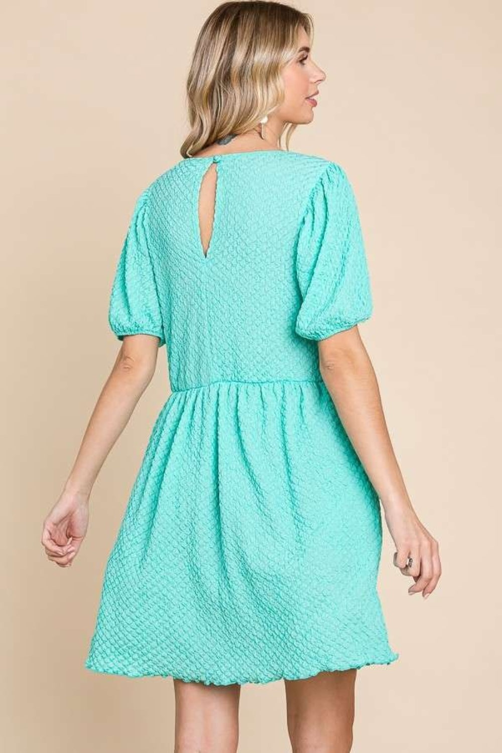 Culture Code Full Size Textured Round Neck Puff Sleeve Dress-Angel Casuals