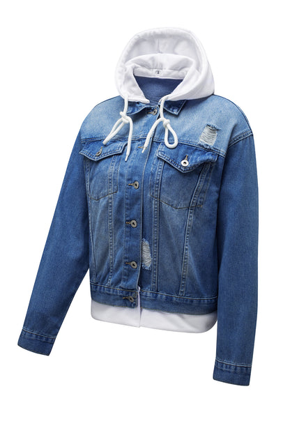 Distressed Hooded Denim Jacket-Angel Casuals