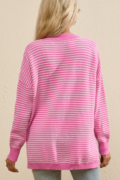 Striped V-Neck Dropped Shoulder Sweater-Angel Casuals