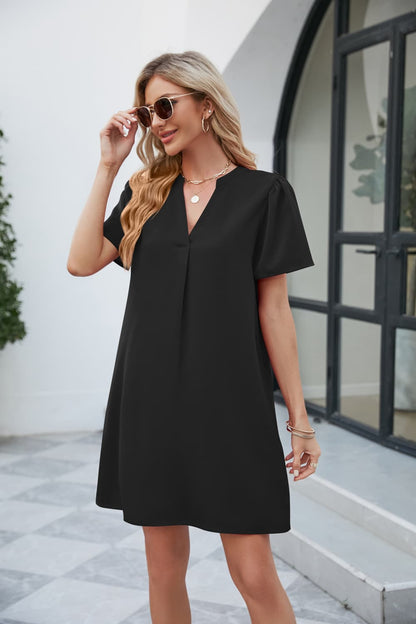 Notched Puff Sleeve Shift Dress-Angel Casuals