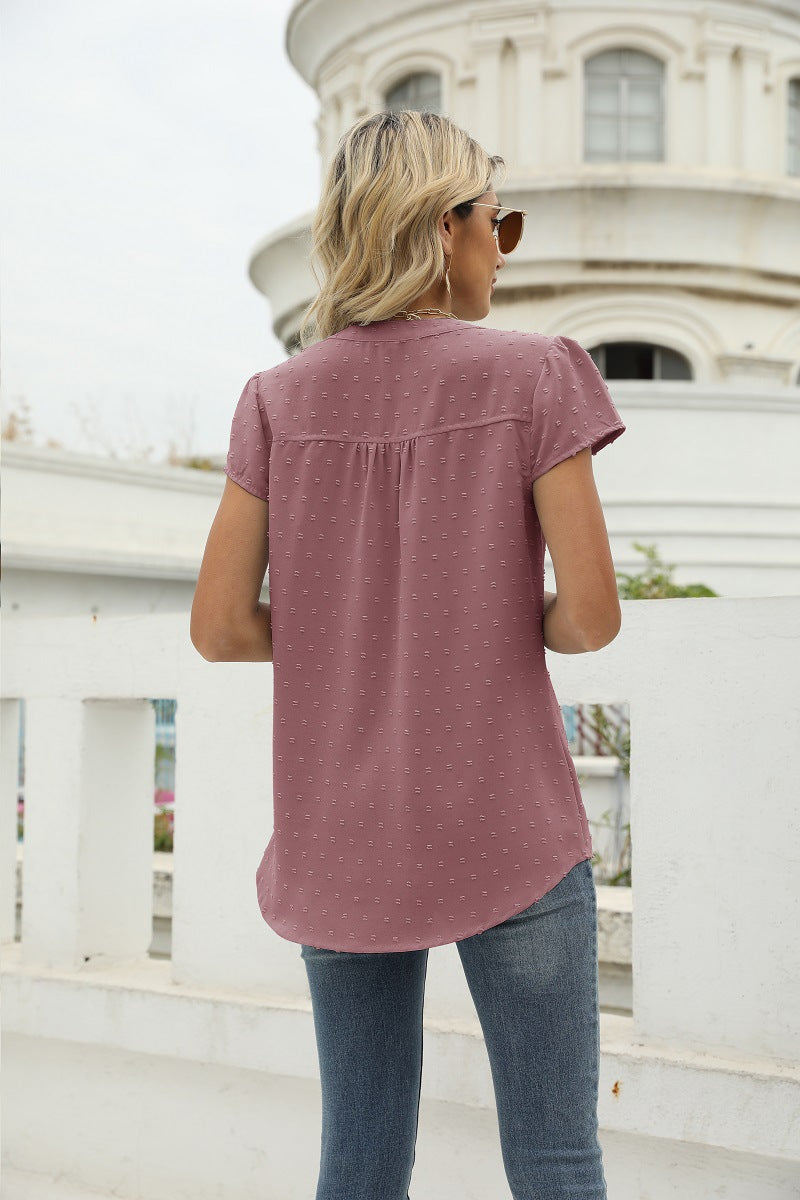 Swiss Dot Notched Neck Short Sleeve Top-Angel Casuals