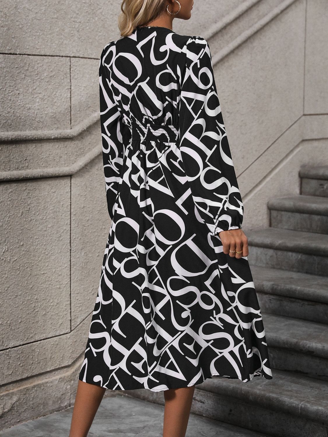 Printed V-Neck Long Sleeve Midi Dress-Angel Casuals