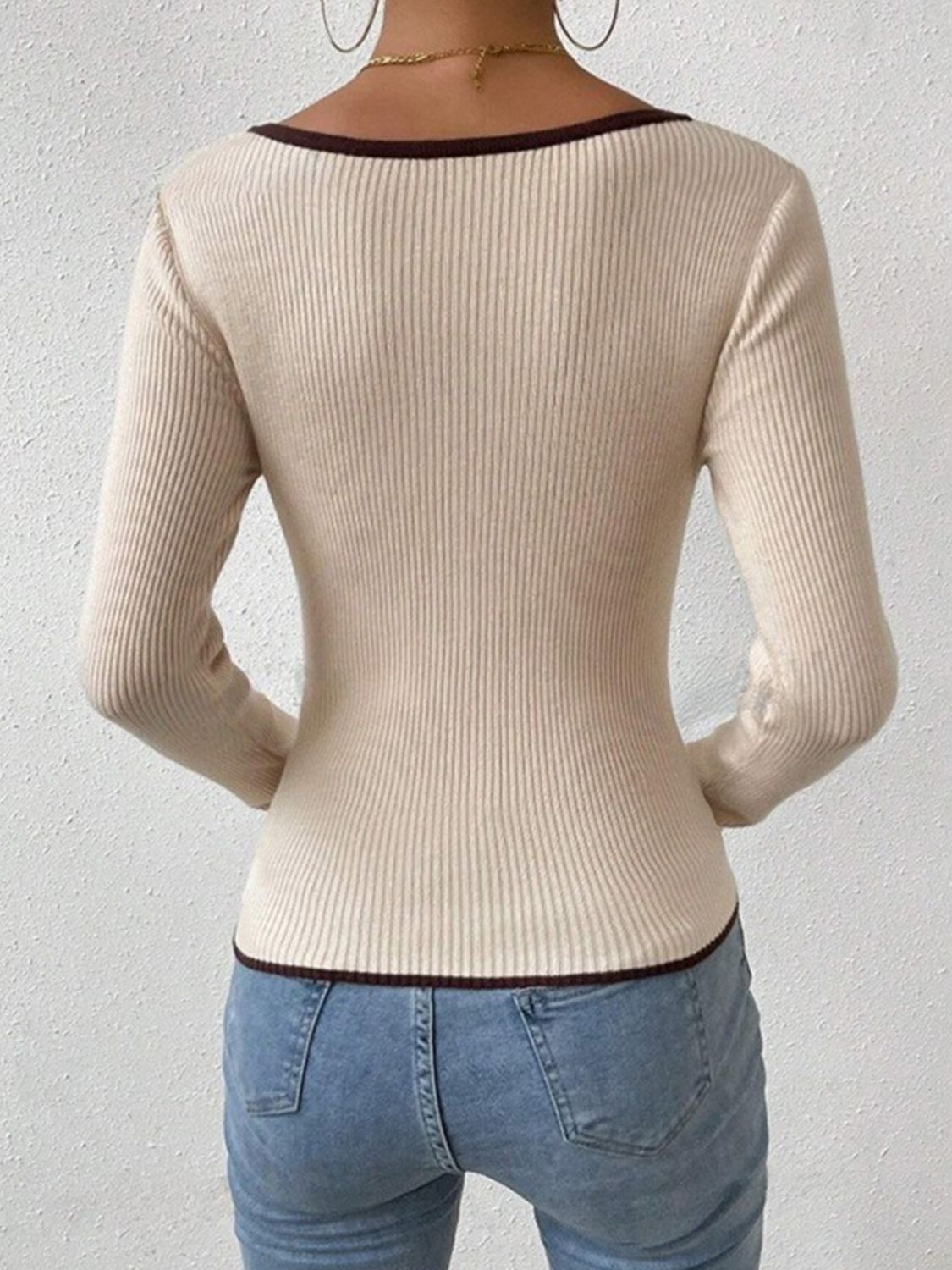 Contrast Trim Long Sleeve Knit Top-Angel Casuals