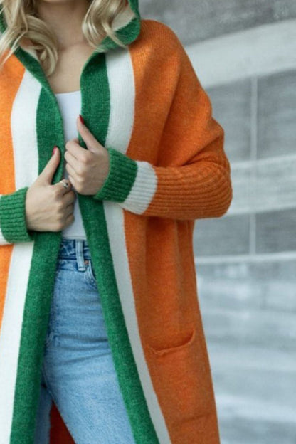 Pocketed Contrast Long Sleeve Hooded Cardigan-Angel Casuals