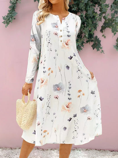 Floral Notched Long Sleeve Midi Dress-Angel Casuals