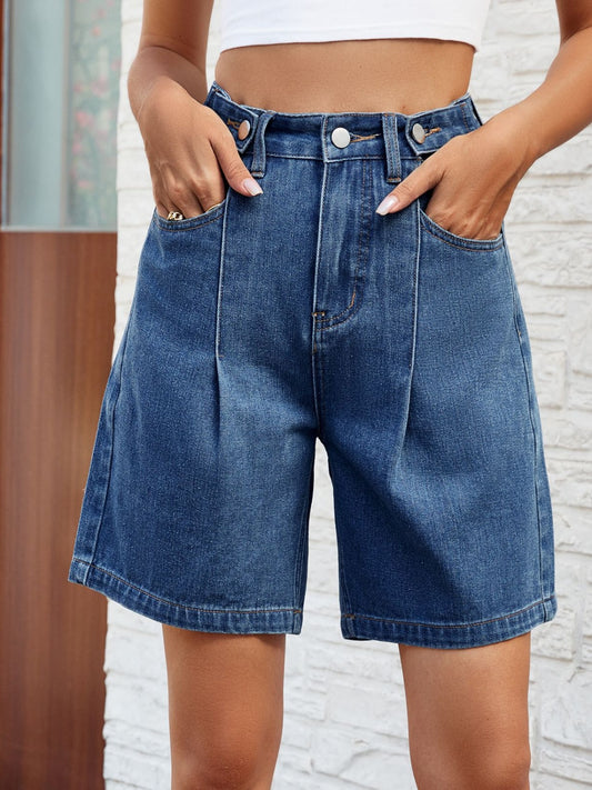 High Waist Denim Shorts with Pockets-Angel Casuals