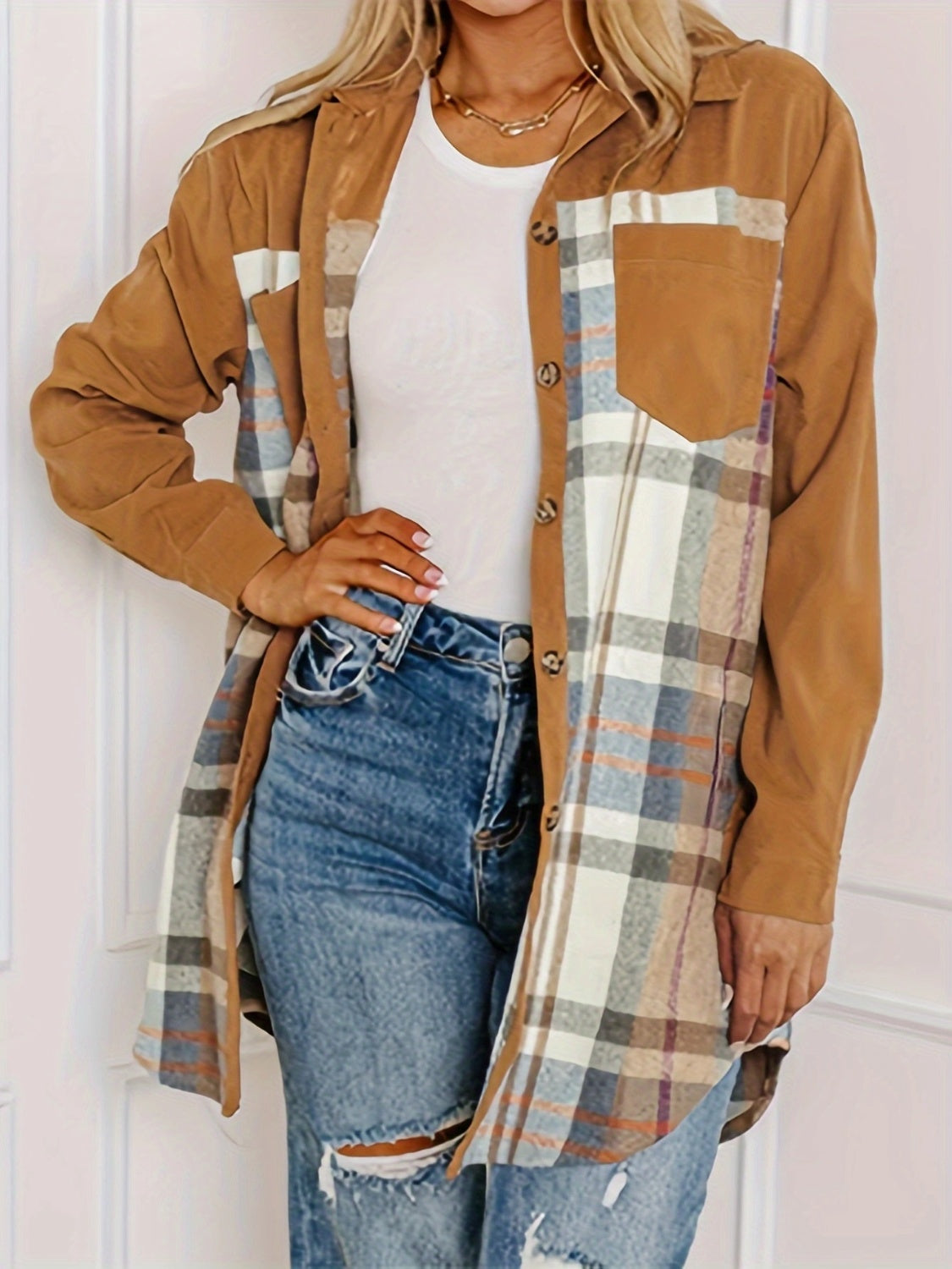 Plaid Collared Neck Long Sleeve Jacket-Angel Casuals