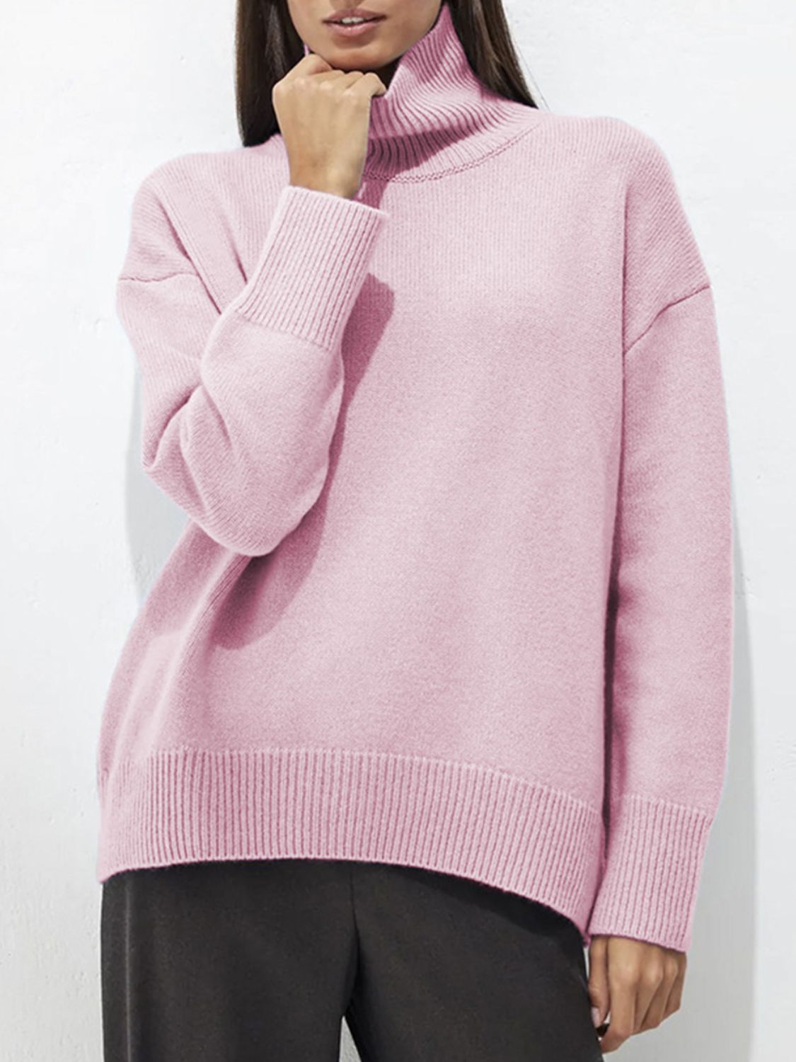 Turtleneck Drop Shoulder Long Sleeve Sweater-Angel Casuals