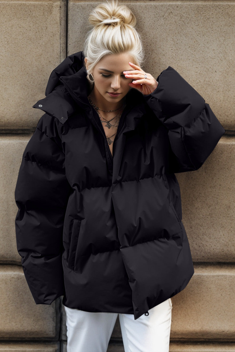Pocketed Zip Up Hooded Puffer Jacket-Angel Casuals