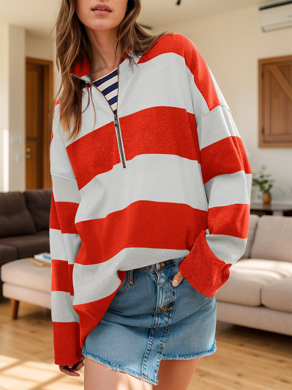 Color Block Half Zip Long Sleeve Sweater-Angel Casuals