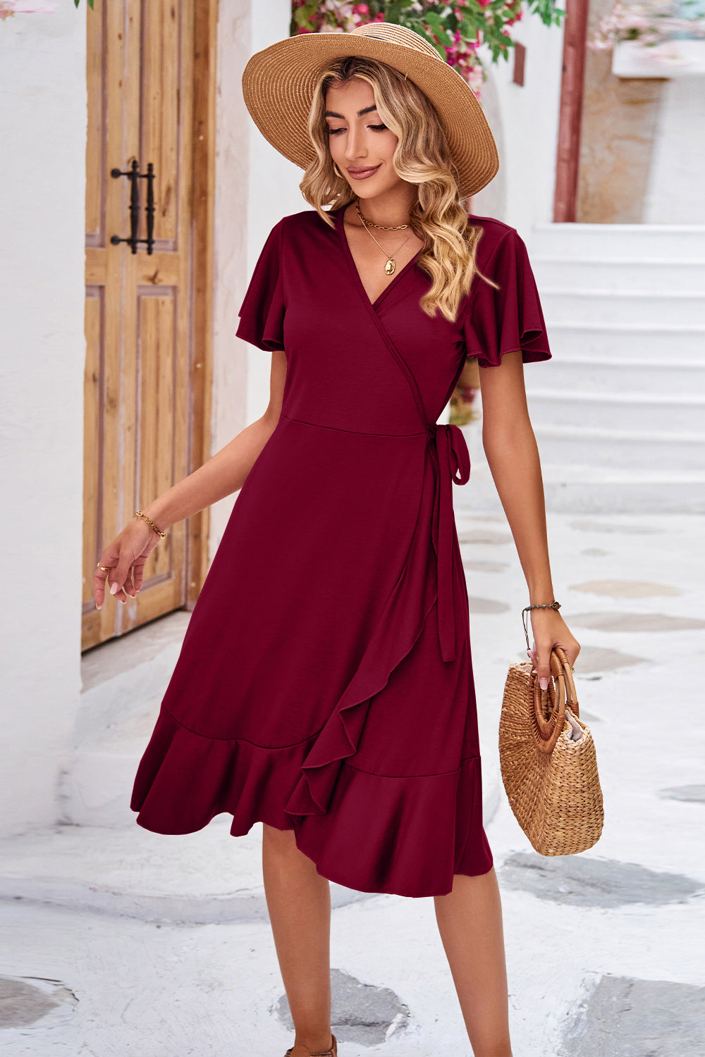 Surplice Neck Flutter Sleeve Dress-Angel Casuals