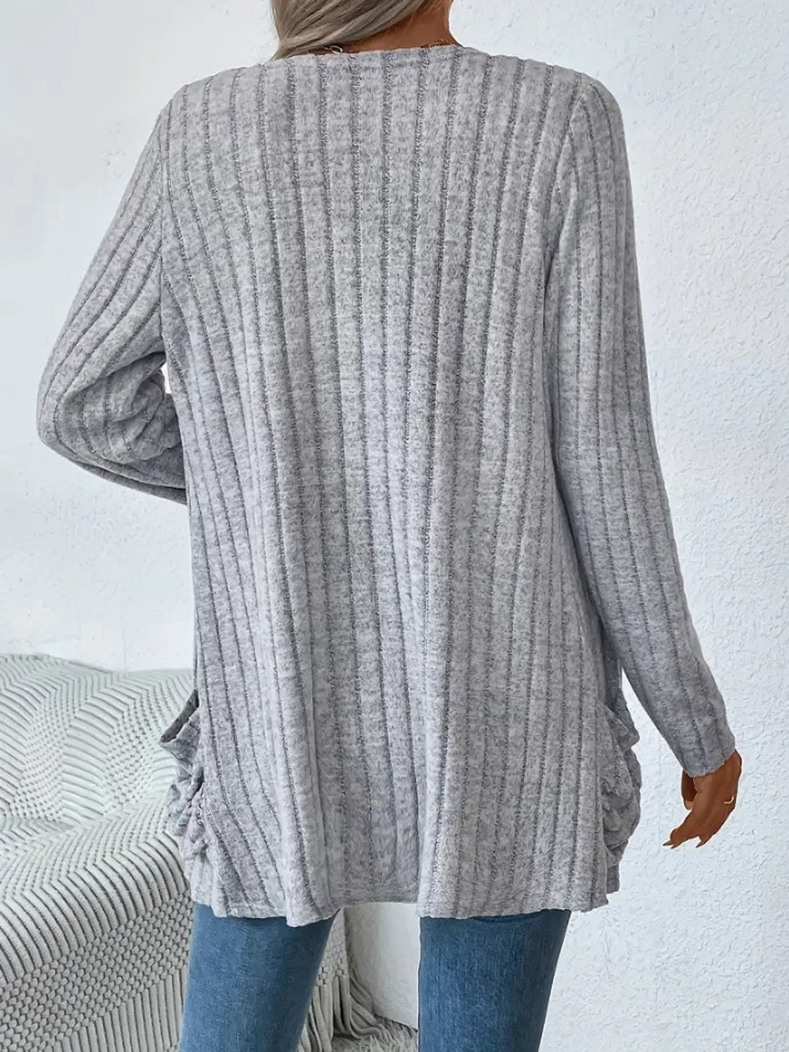 Ribbed Open Front Long Sleeve Cardigan with Pockets-Angel Casuals