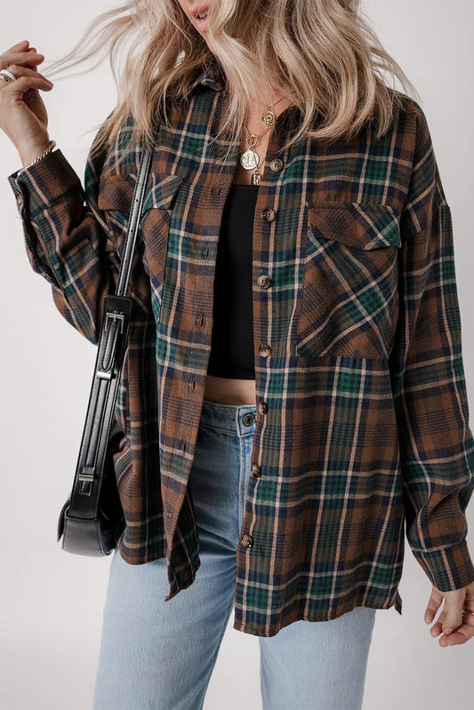 Plaid Button Up Long Sleeve Jacket-Angel Casuals