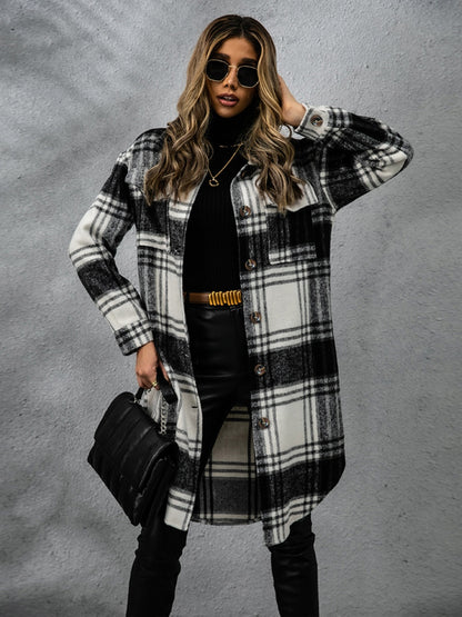 Plaid Collared Neck Long Sleeve Coat-Angel Casuals